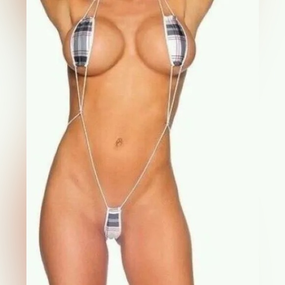EXOTIC RARE WHITE PlAID SEXY MICRO SLINGSHOT BIKINI STRIPPER TINY MONOKINI BEACH - Picture 3 of 3
